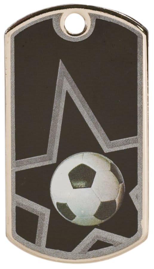 2" Black/Silver Soccer Laserable Star Dog Tag