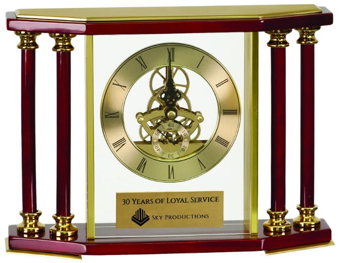 7 1/4" Executive 4-Pillar Gold & Rosewood Piano Finish Clock