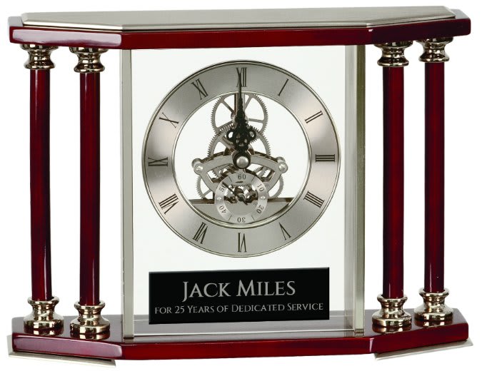 7 1/4" Executive 4-Pillar Silver & Rosewood Piano Finish Clock