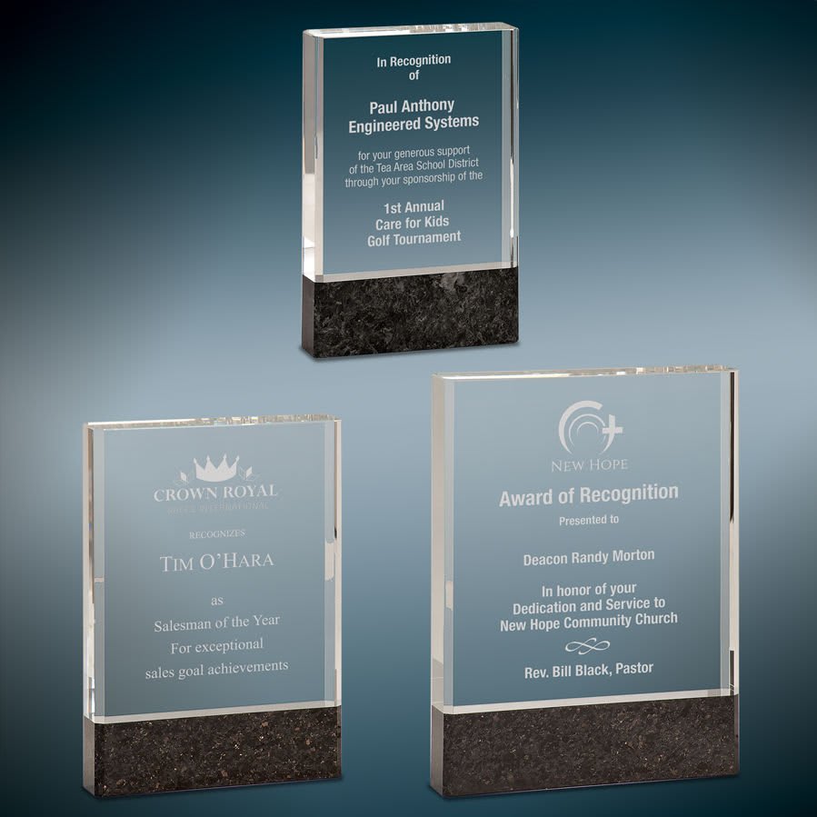 Clear Fusion Glass Award with Genuine Black Marble Blank Sample Set