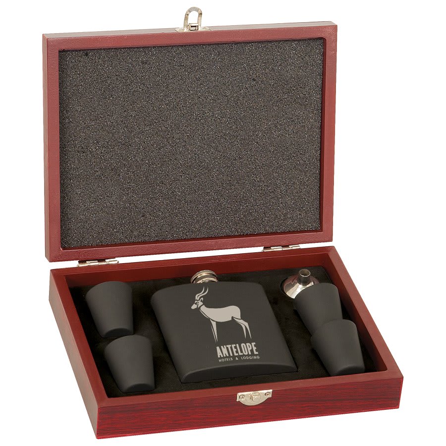 6 oz. Matte Black Laserable Stainless Steel Flask Set in Wood Presentation Box