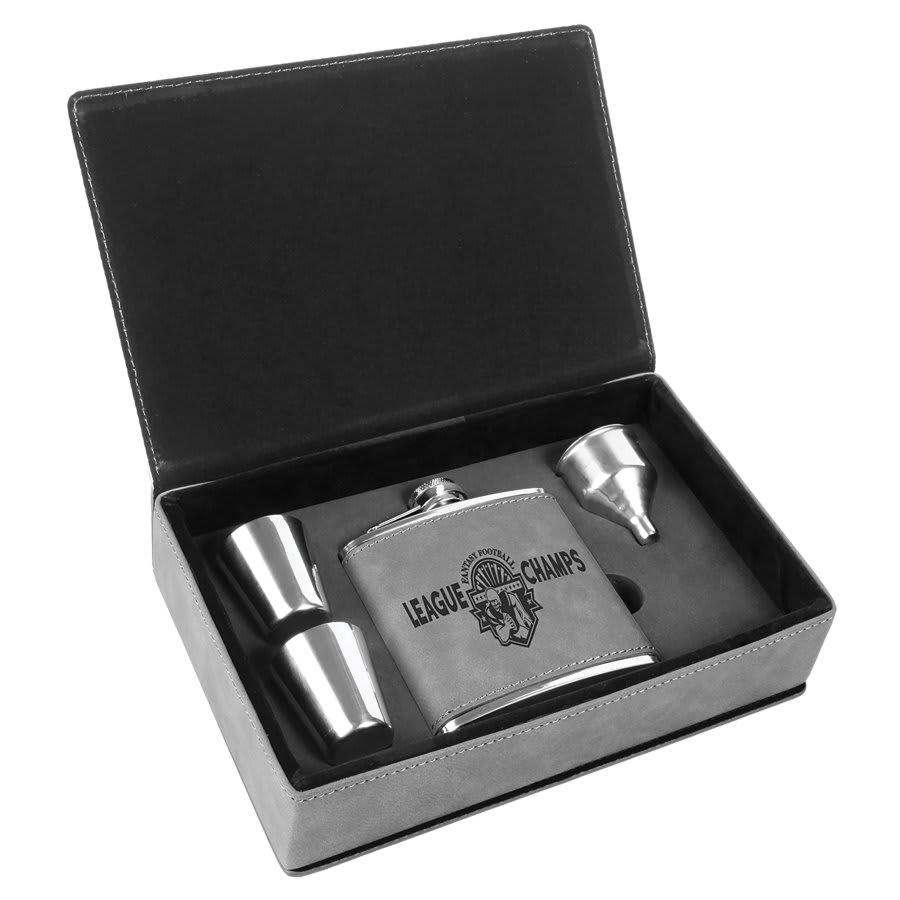 6 oz. Gray Laserable Leatherette Flask Gift Set
