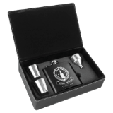 6 oz. Black Stainless Steel Flask Set in Black & Silver Leatherette Gift Box