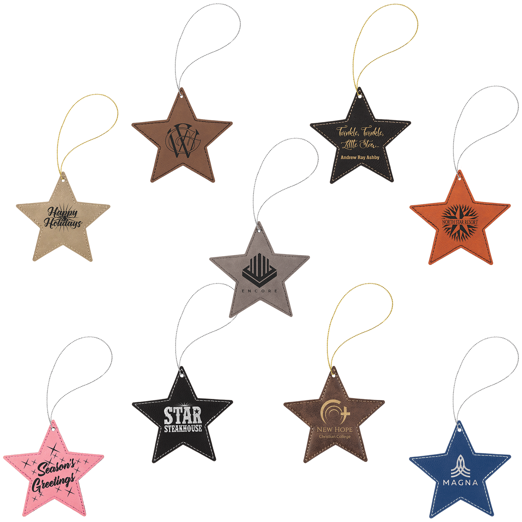 Laserable Leatherette Star Ornament with Strings Sample Set