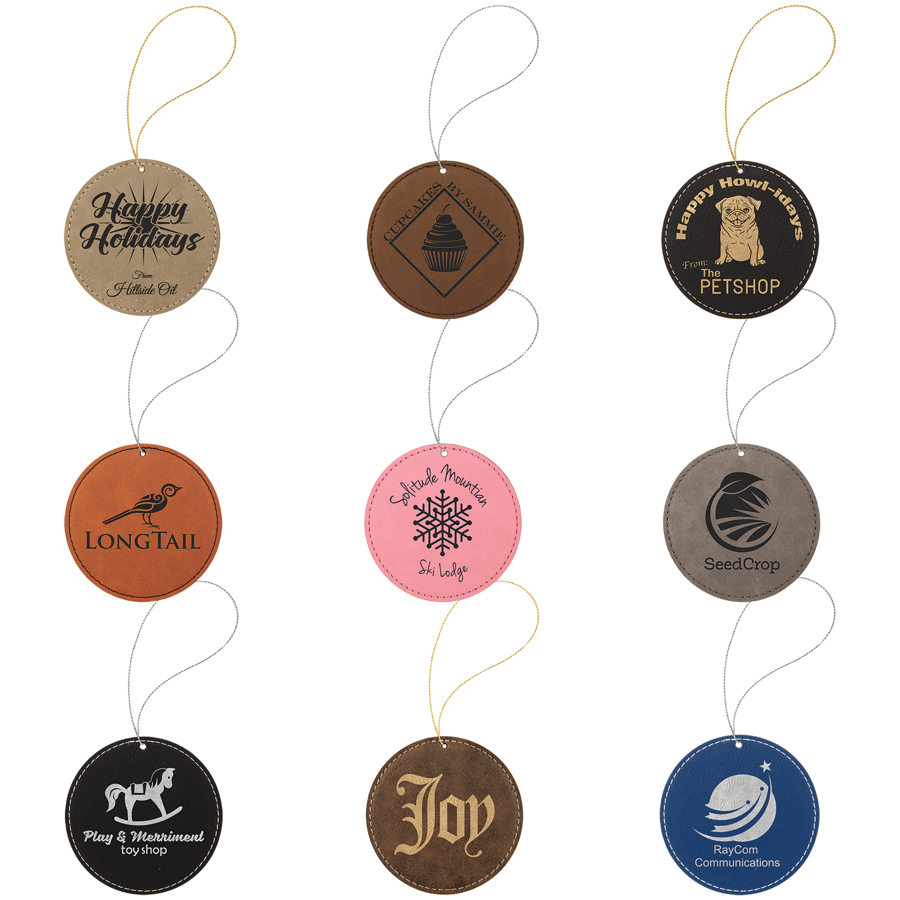 Laserable Leatherette Round Ornament with Strings Sample Set