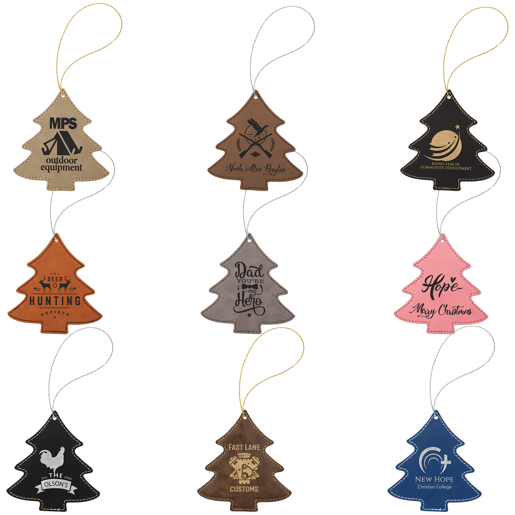 Laserable Leatherette Tree Ornament with Strings Sample Set