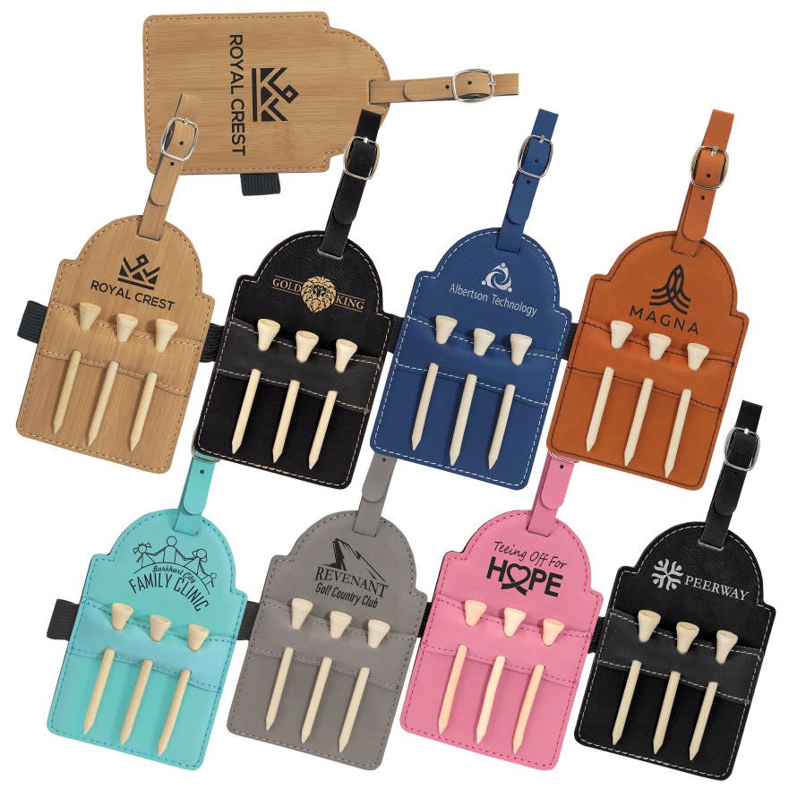 5" x 3 1/4" Laserable Leatherette Golf Bag Tag with 3 Wooden Tees Sample Set