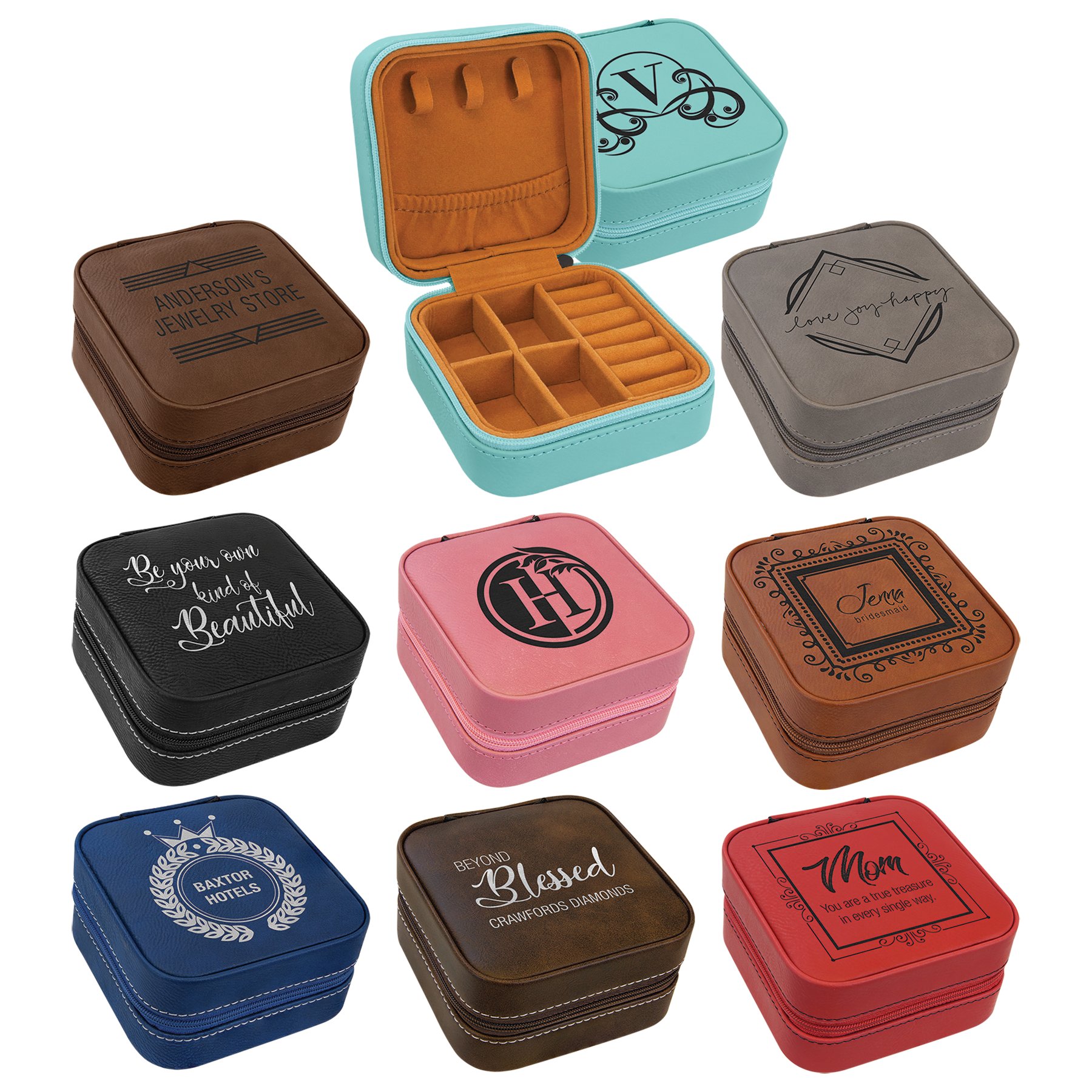 4" X 4" Laserable Leatherette Travel Jewelry Box with Tan Lining Sample Set