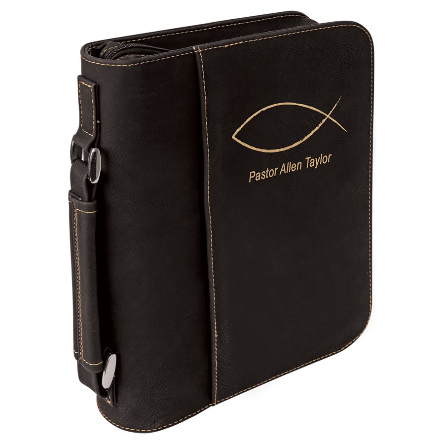 7 1/2" x 10 3/4" Black/Gold Leatherette Book/Bible Cover with Handle & Zipper