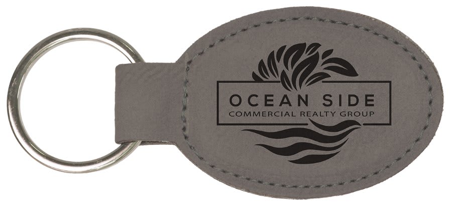 3" x 1 3/4" Gray Laserable Leatherette Oval Keychain