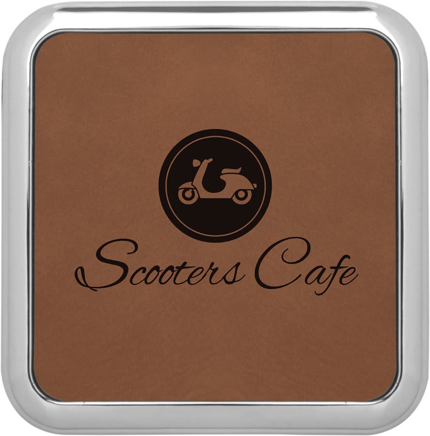 3 5/8" x 3 5/8" Square Dark Brown Laserable Leatherette Coaster w/Silver Edge