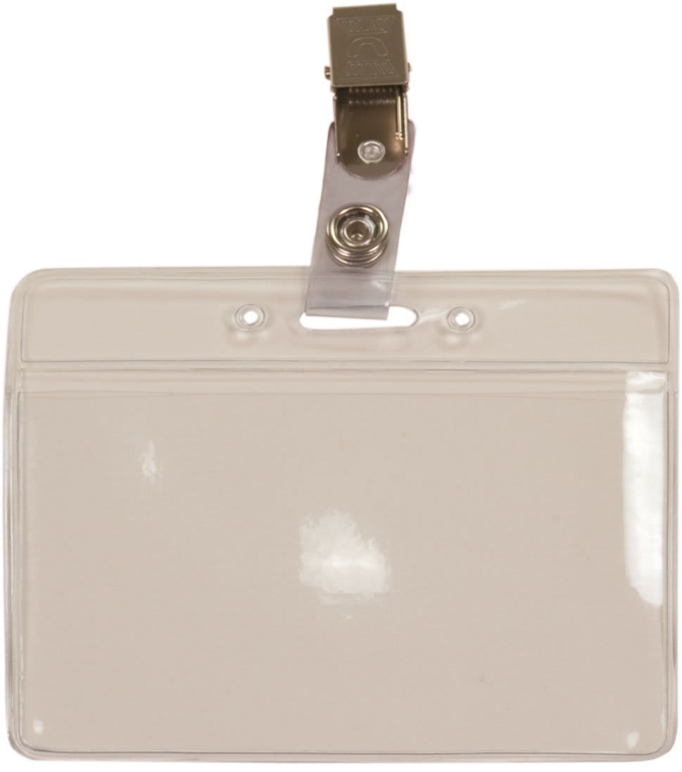 3 15/16" x 3 1/4" Clear ID Holder/Convention Badge with Bulldog Clip on Strap