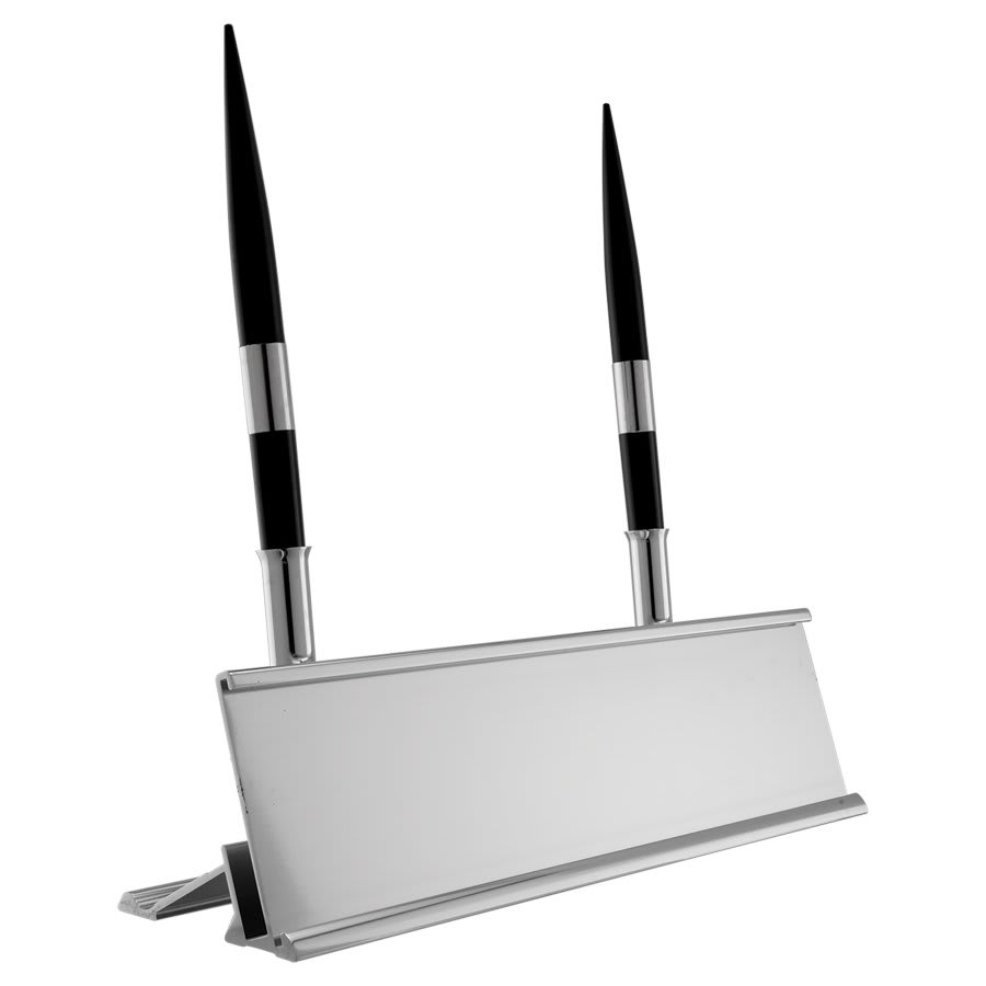8" Bright Silver JRS Desk Holder w/pens for 2" x 8" x 1/6" Plastic