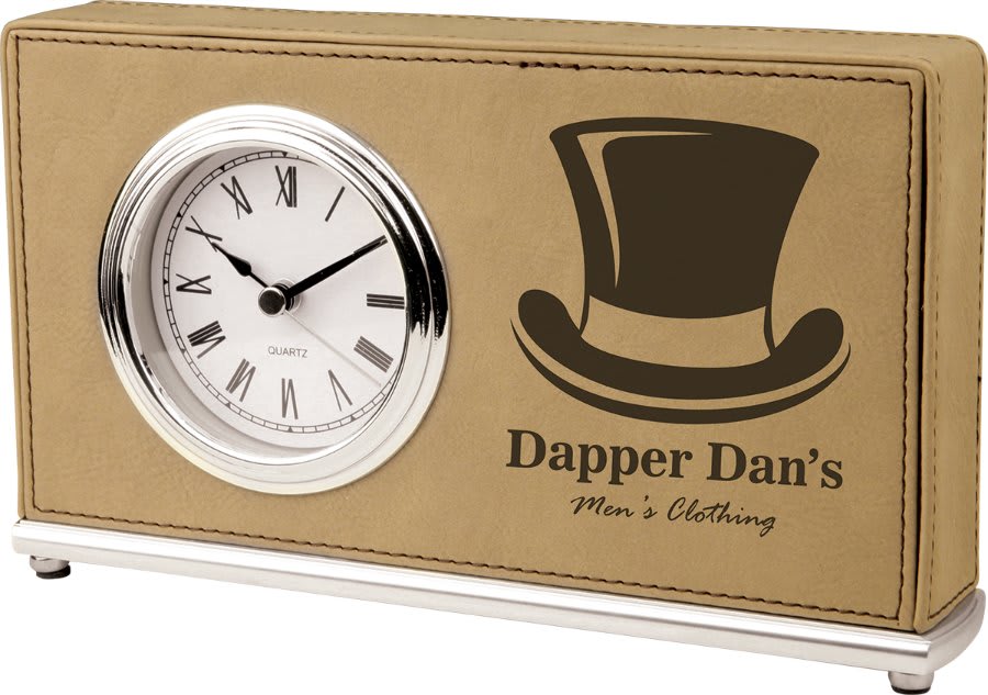 7 1/2" x 4 1/2" Light Brown Laserable Leatherette Horizontal Desk Clock