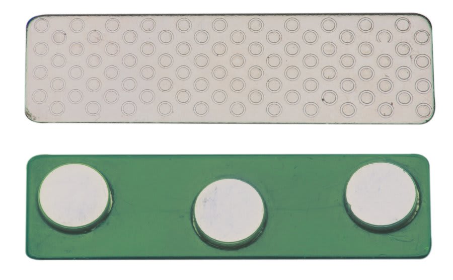 1 3/4" x 1/2" 3-Post Green Plastic Backed Magnet with Adhesive