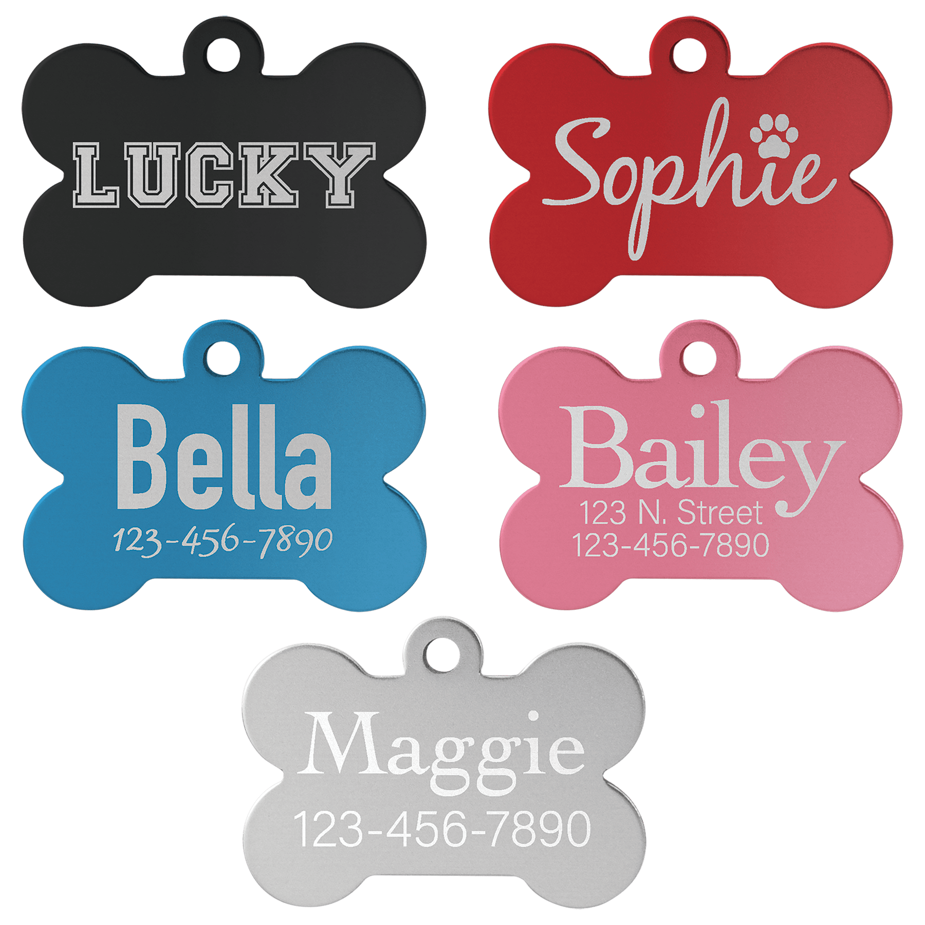 1 1/4" x 3/4" Laserable Anodized Aluminum Bone Pet Tag Sample Set