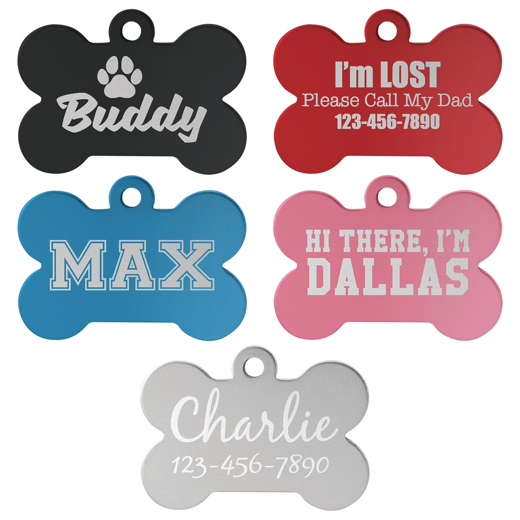 1 1/2" x 1" Laserable Anodized Aluminum Bone Pet Tag Sample Set