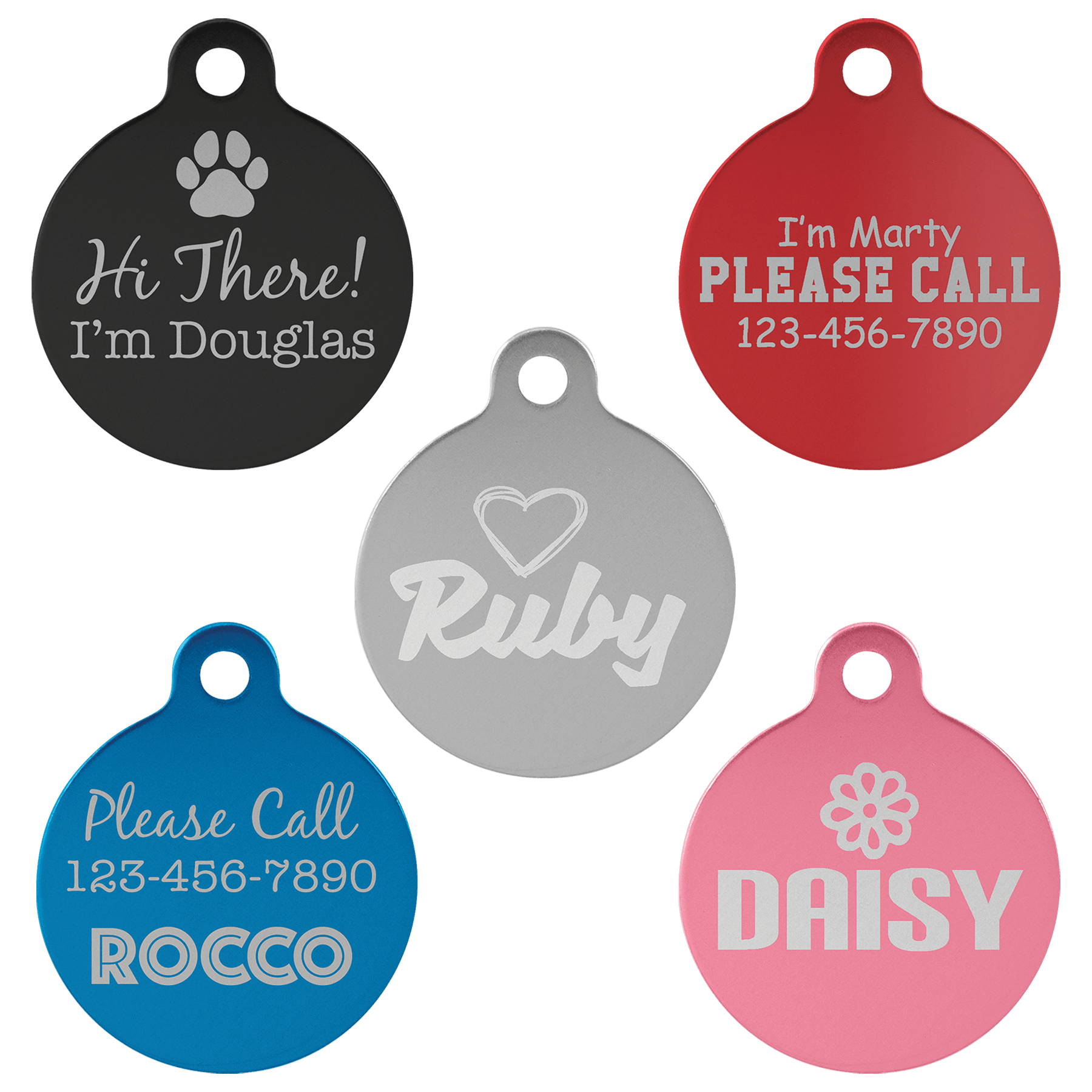 1 1/4" Laserable Anodized Aluminum Round Pet Tag with Tab Sample Set
