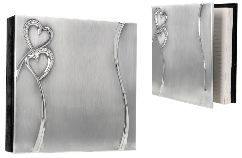 8" x 8" 2-Tone Brushed/Shiny Silver Finish Hearts Guest Book