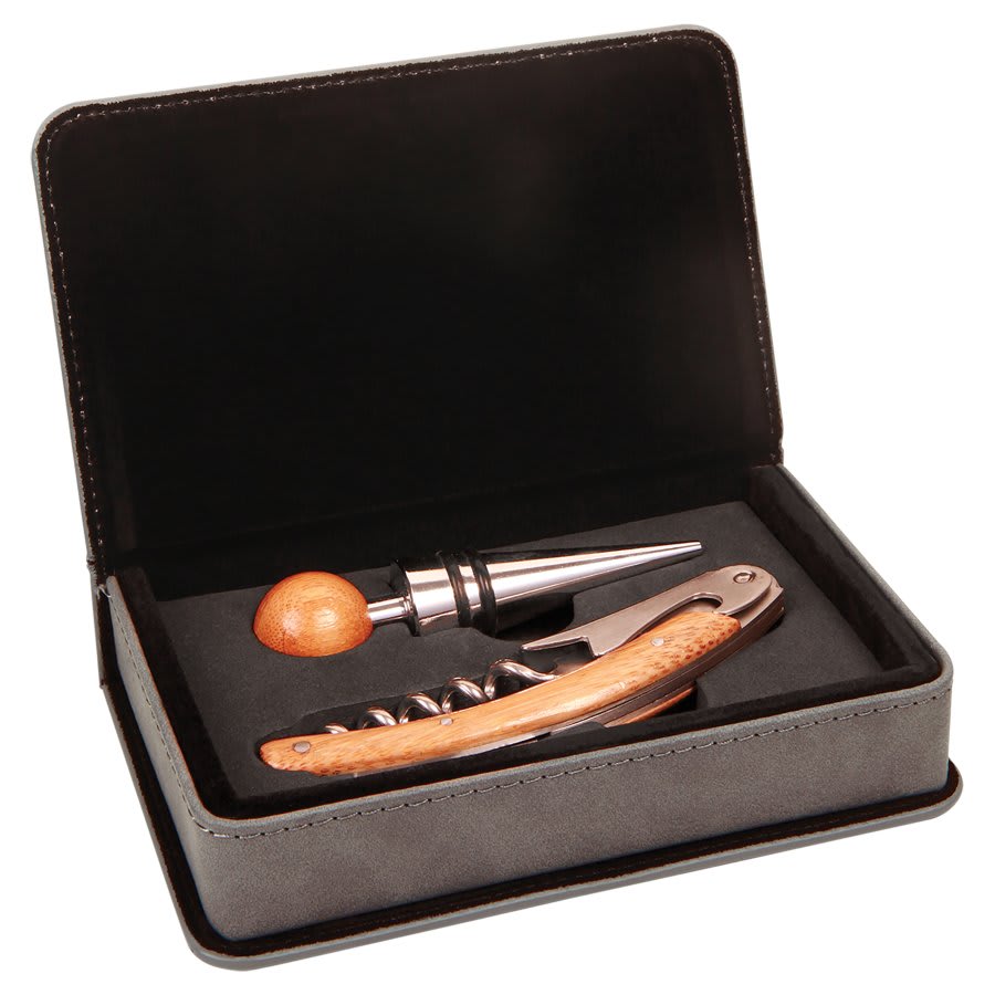 Gray Laserable Leatherette 2-Piece Wine Tool Set
