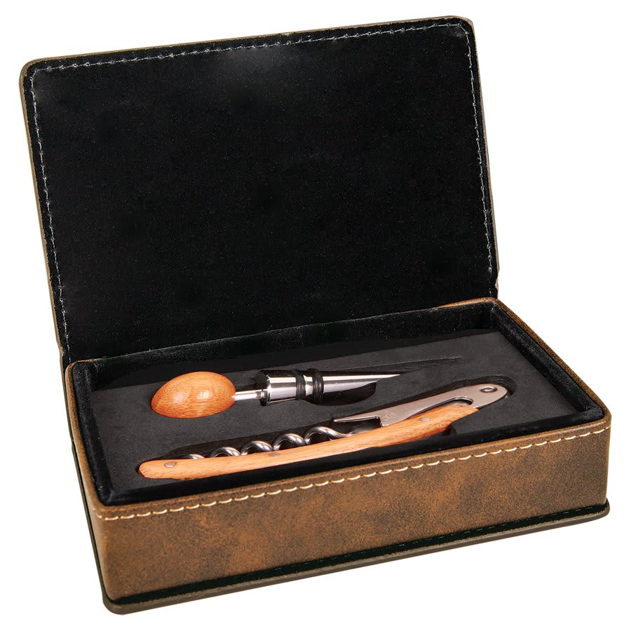 Rustic/Gold Laserable Leatherette 2-Piece Wine Tool Set
