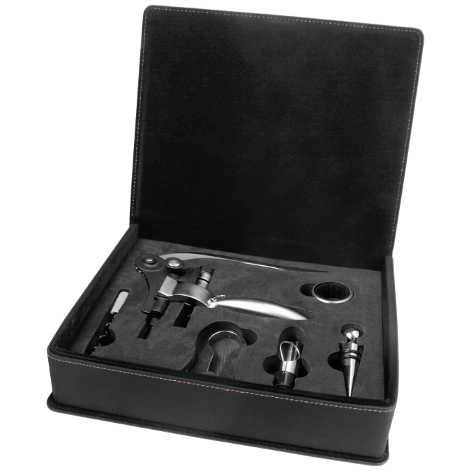 Black/Gold Laserable Leatherette 5-Piece Wine Tool Gift Set