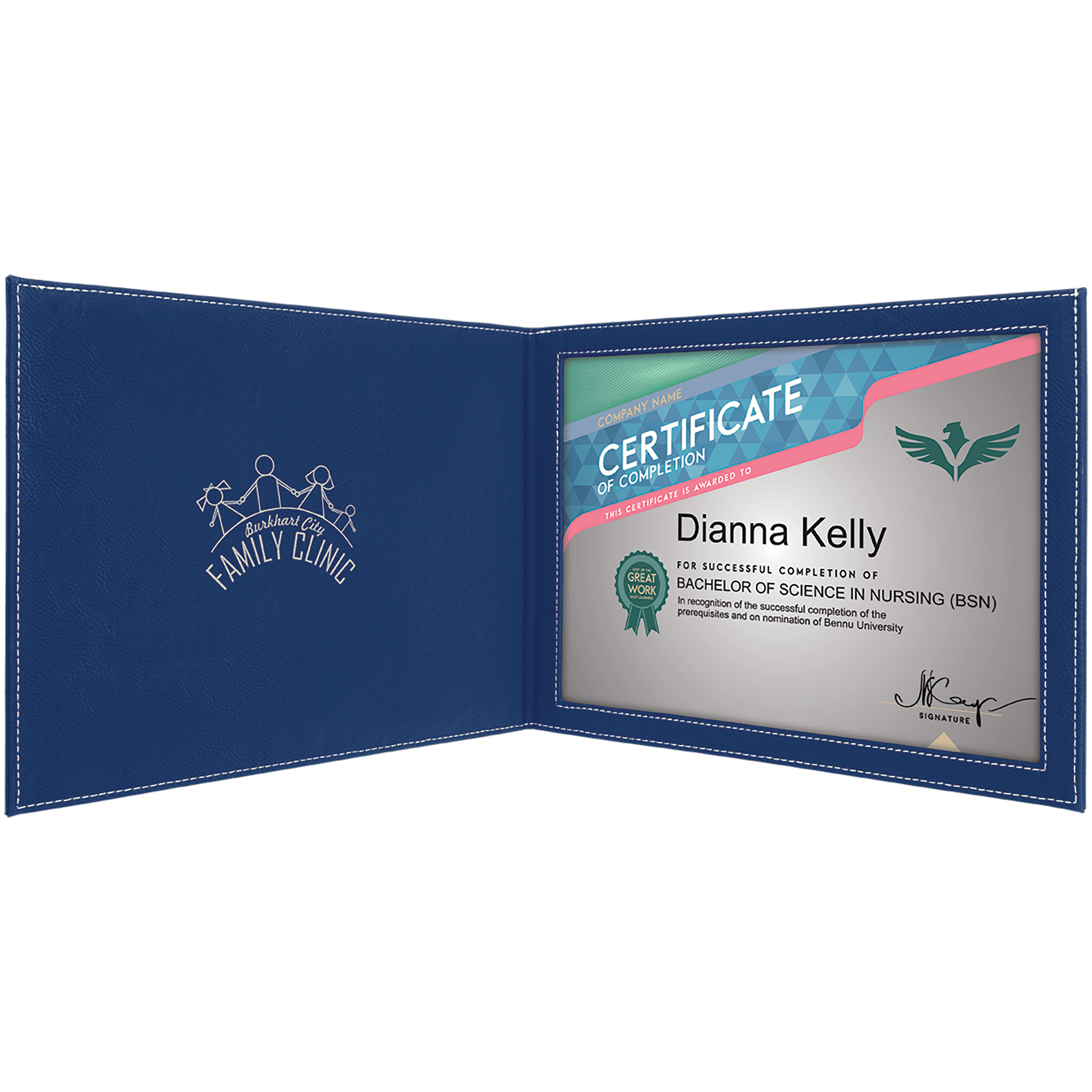 9" x 12" Blue/Silver Laserable Leatherette Certificate Holder for 8 1/2" x 11"