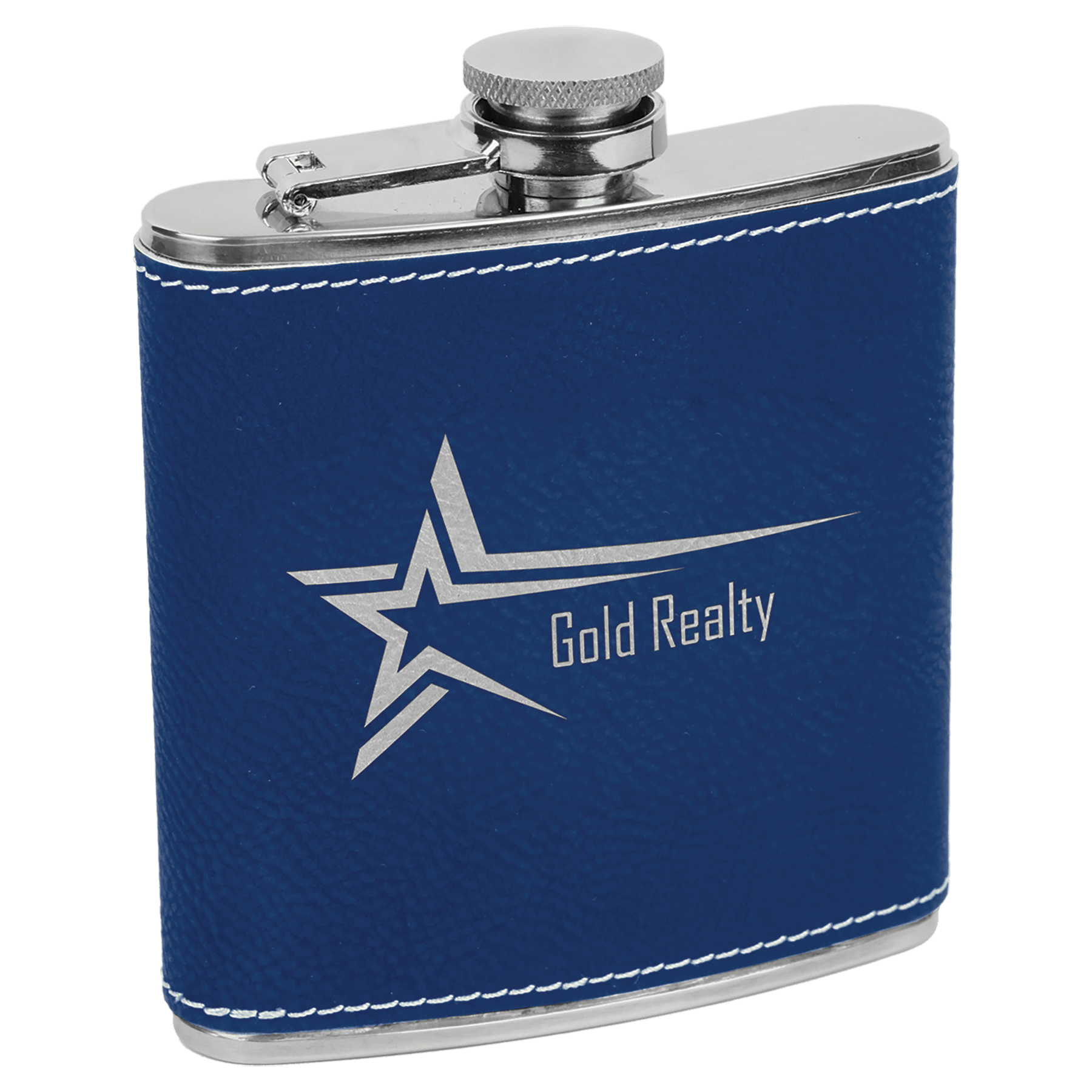 6 oz. Blue/Silver Laserable Leatherette Stainless Steel Flask