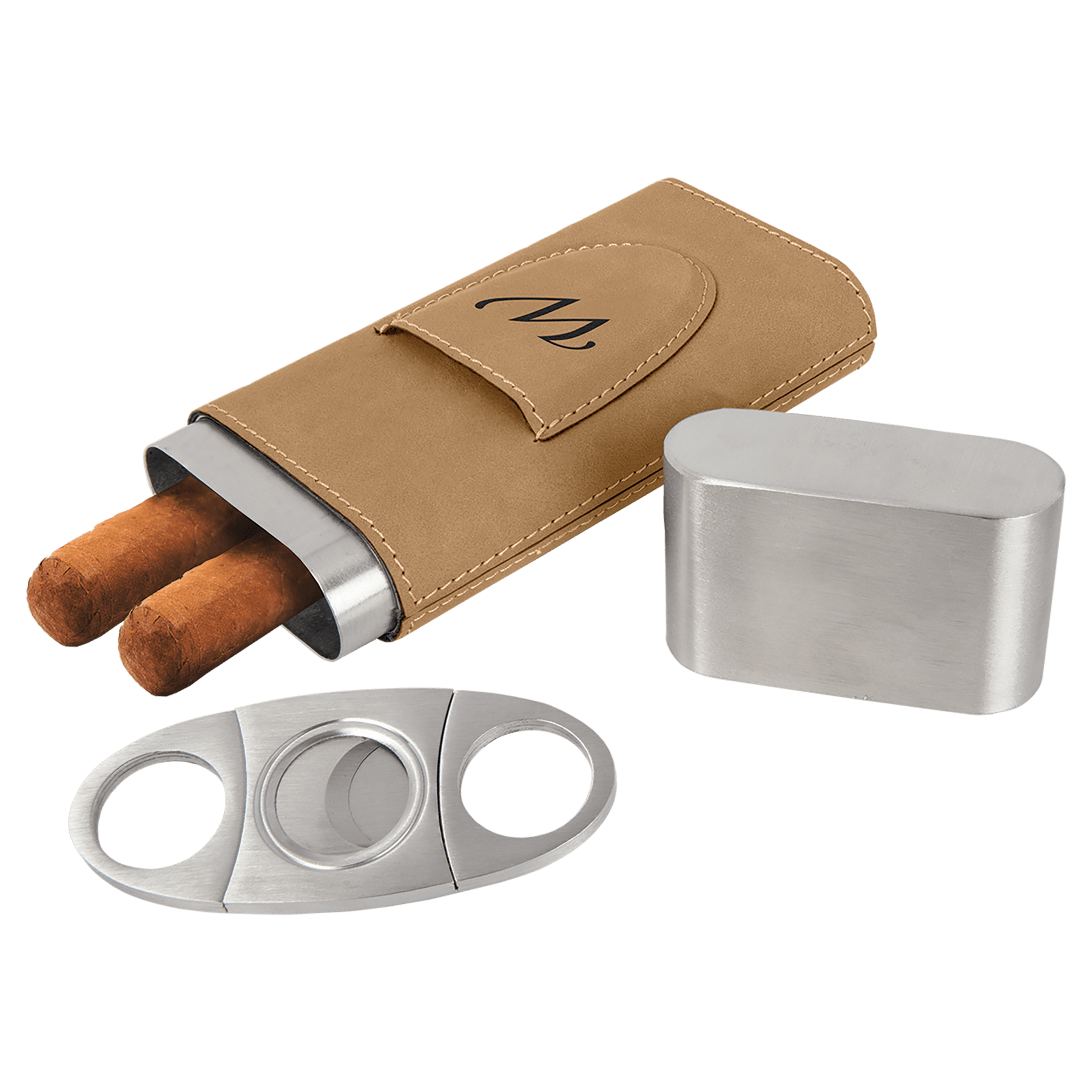 Light Brown Laserable Leatherette Cigar Case with Cutter