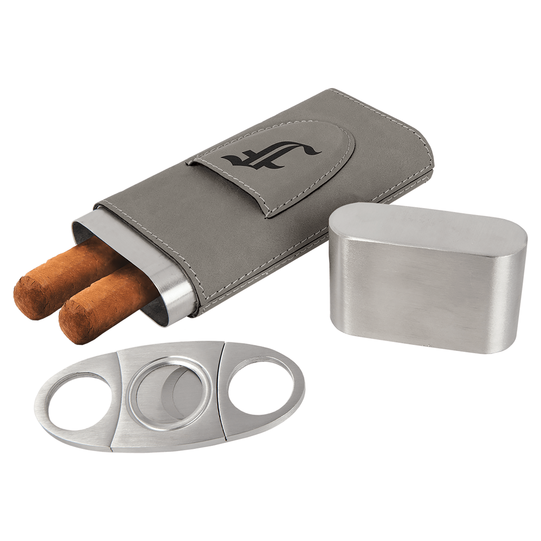 Gray Laserable Leatherette Cigar Case with Cutter