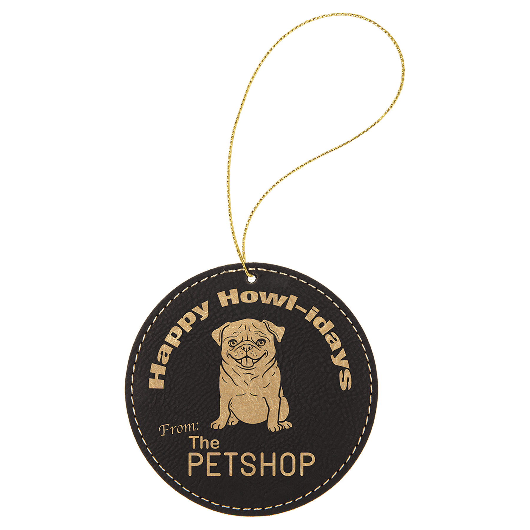 Black/Gold Laserable Leatherette Round Ornament with Gold String