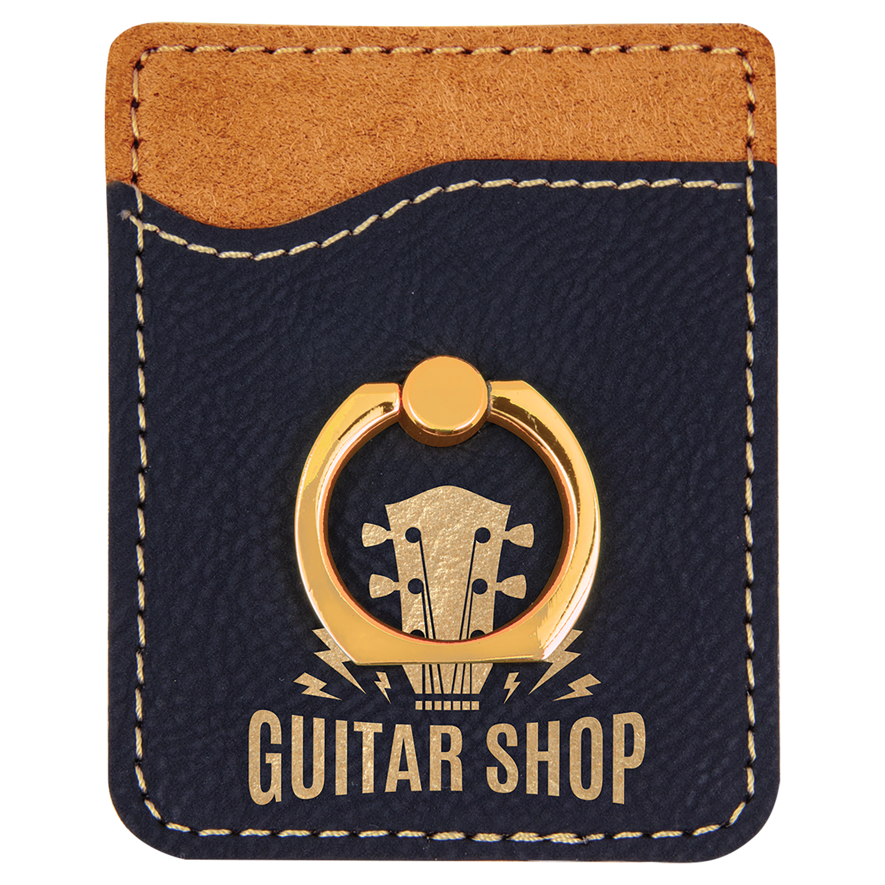 Black/Gold Laserable Leatherette Phone Wallet with Gold Ring