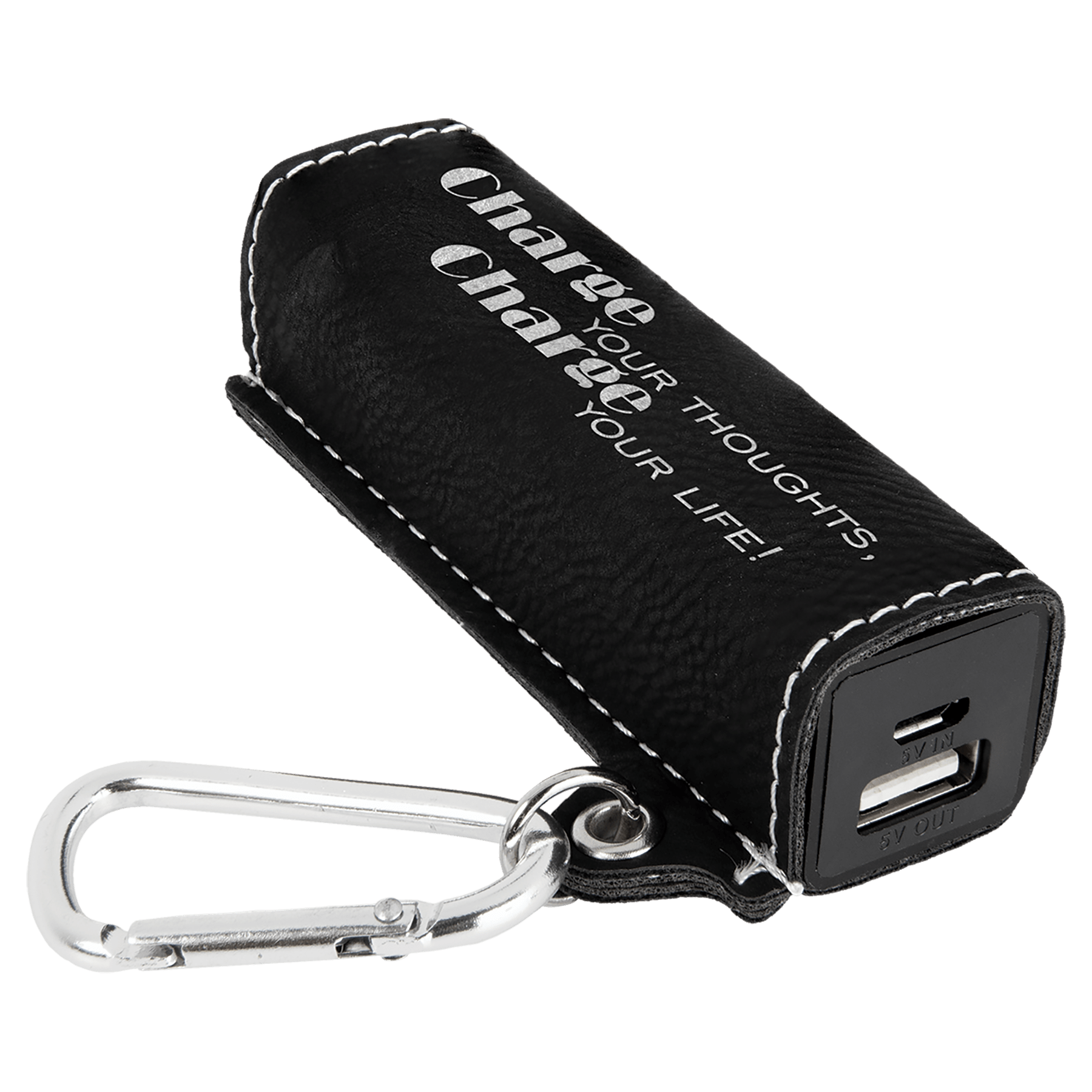 Black/Silver Laserable Leatherette 2200 mAh Power Bank with USB Cord