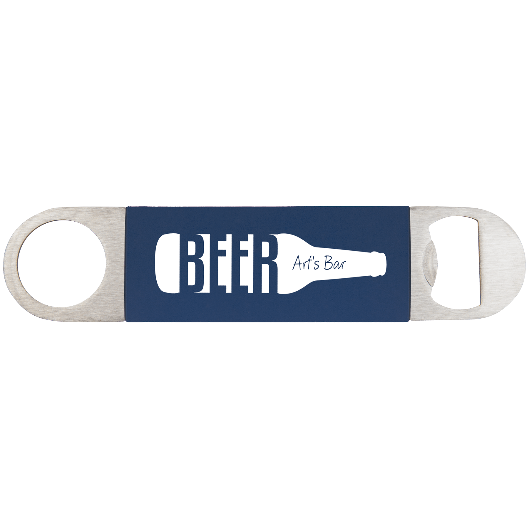 1 1/2" x 7" Navy Blue/White Bottle Opener with Silicone Grip