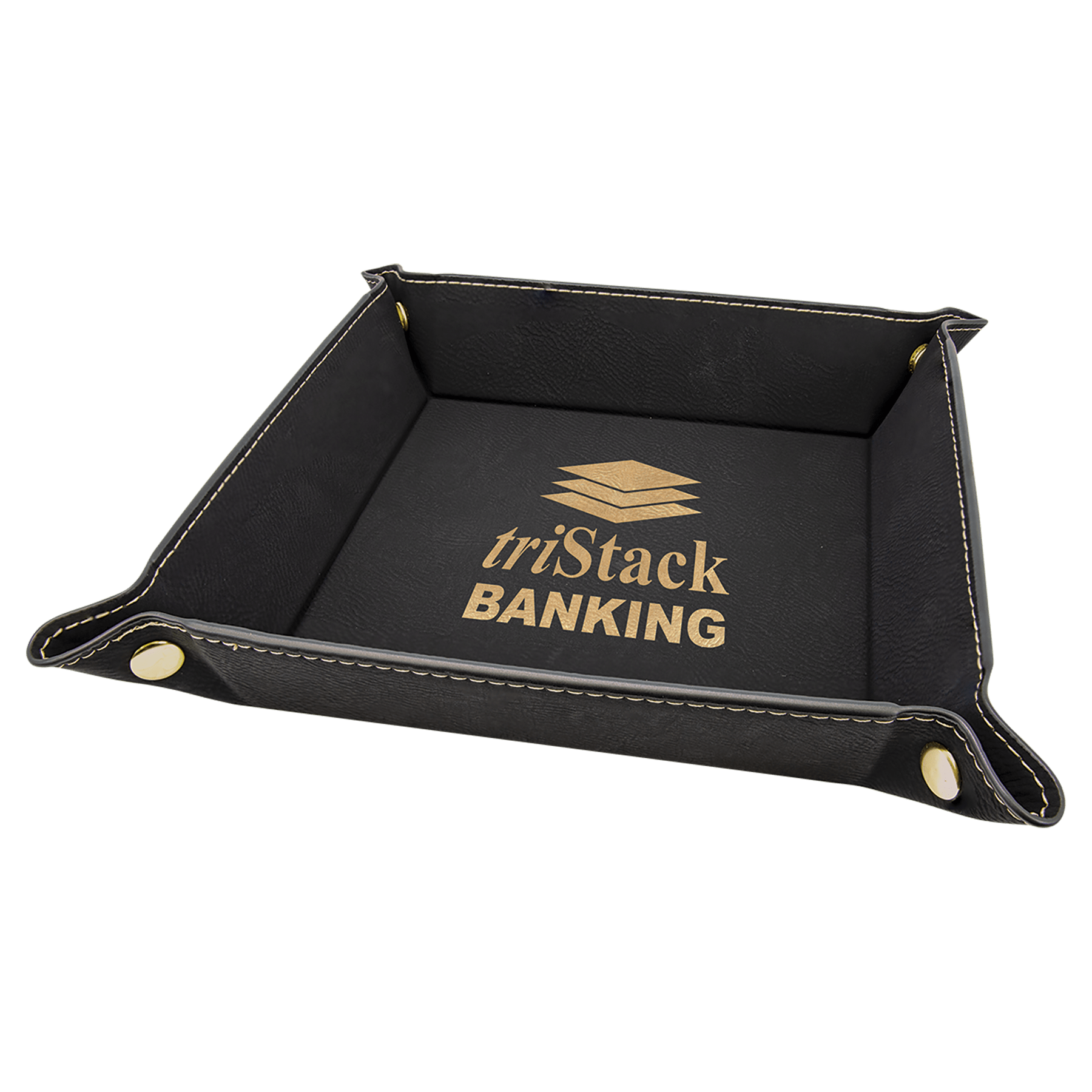 6" x 6" Black/Gold Laserable Leatherette Snap Up Tray with Gold Snaps