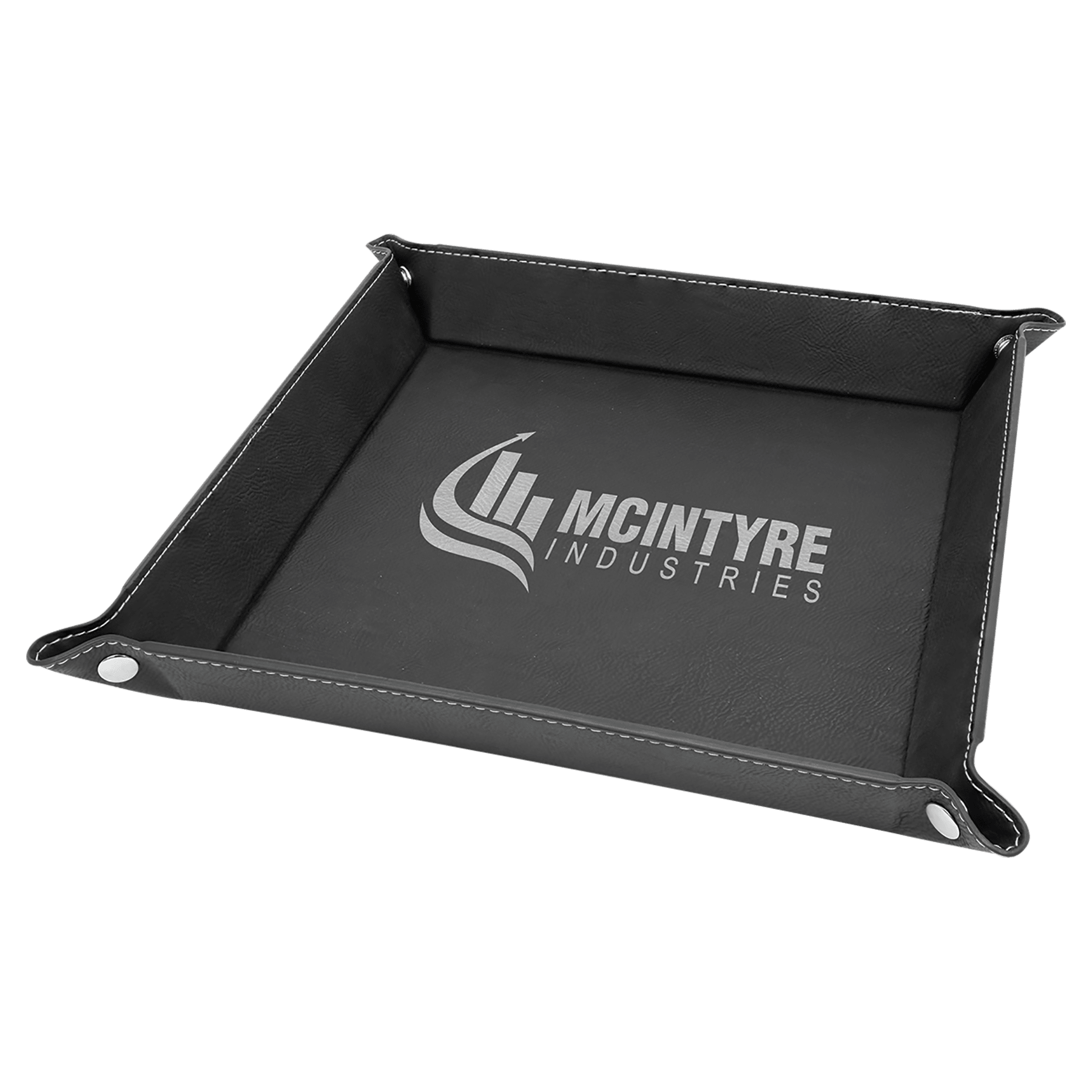 9" x 9" Black/Silver Laserable Leatherette Snap Up Tray with Silver Snaps
