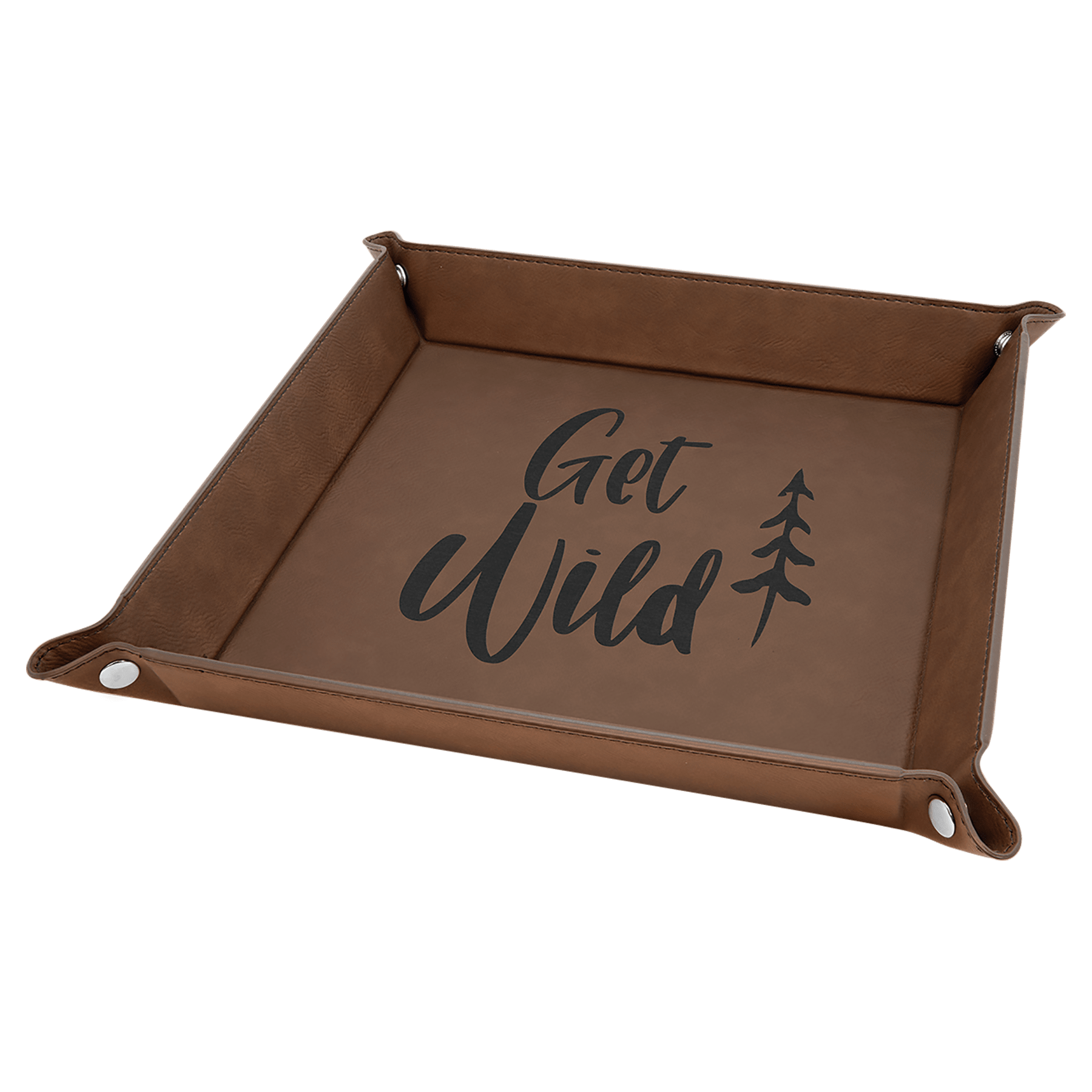 9" x 9" Dark Brown Laserable Leatherette Snap Up Tray with Silver Snaps