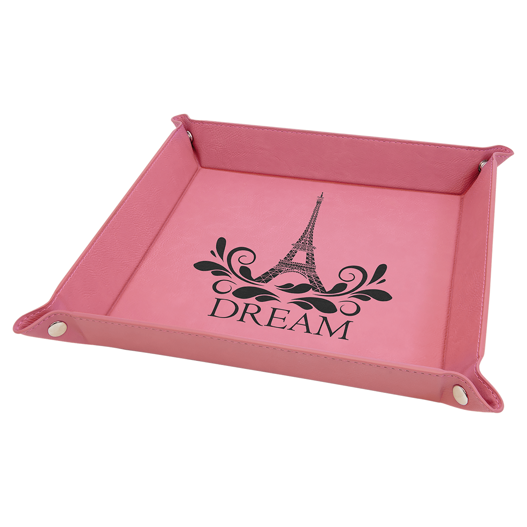 9" x 9" Pink Laserable Leatherette Snap Up Tray with Silver Snaps