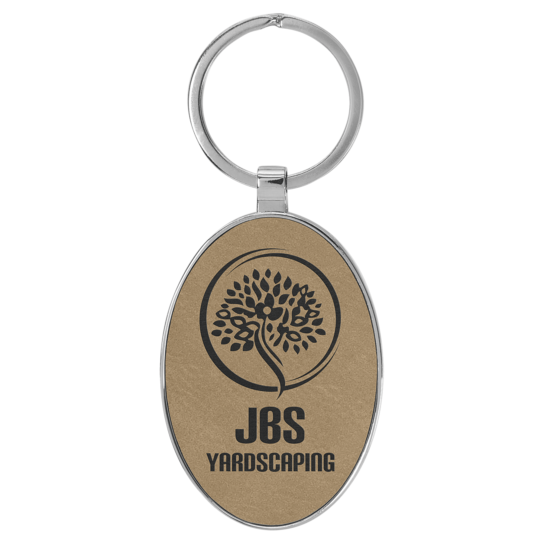 3" x 1 3/4" Laserable Leatherette/Metal Light Brown Oval Keychain