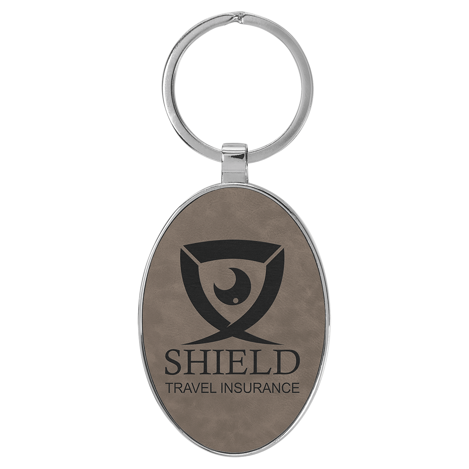 3" x 1 3/4" Laserable Leatherette/Metal Gray Oval Keychain