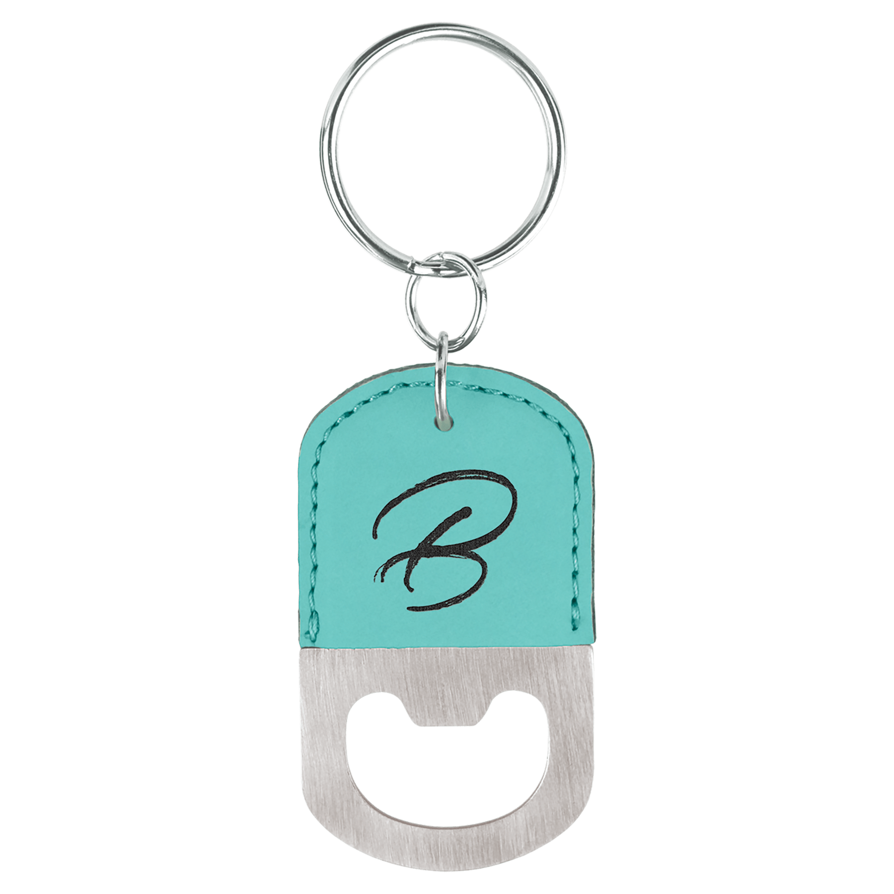 Oval Teal Laserable Leatherette Bottle Opener Keychain