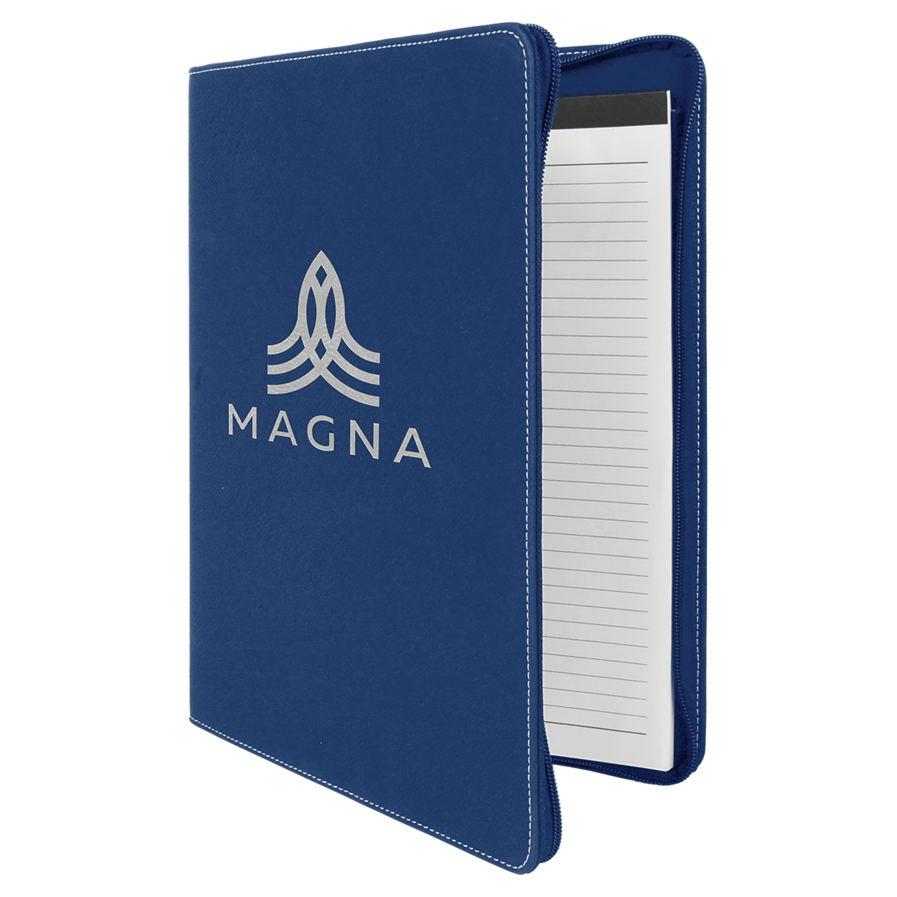 9 1/2" x 12"  Blue/Silver w/ Zipper Laserable Leatherette Portfolio with Notepad