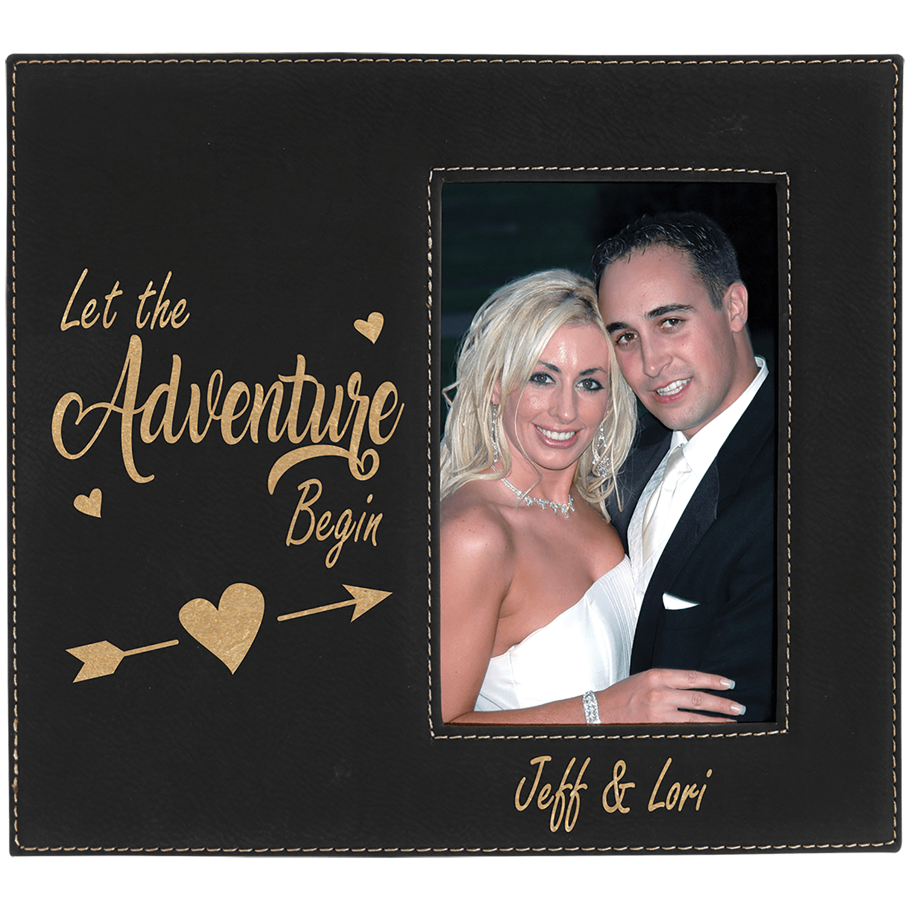 4" x 6" Black/Gold Leatherette Photo Frame with 4 1/4" x 7 7/8" Engraving Area