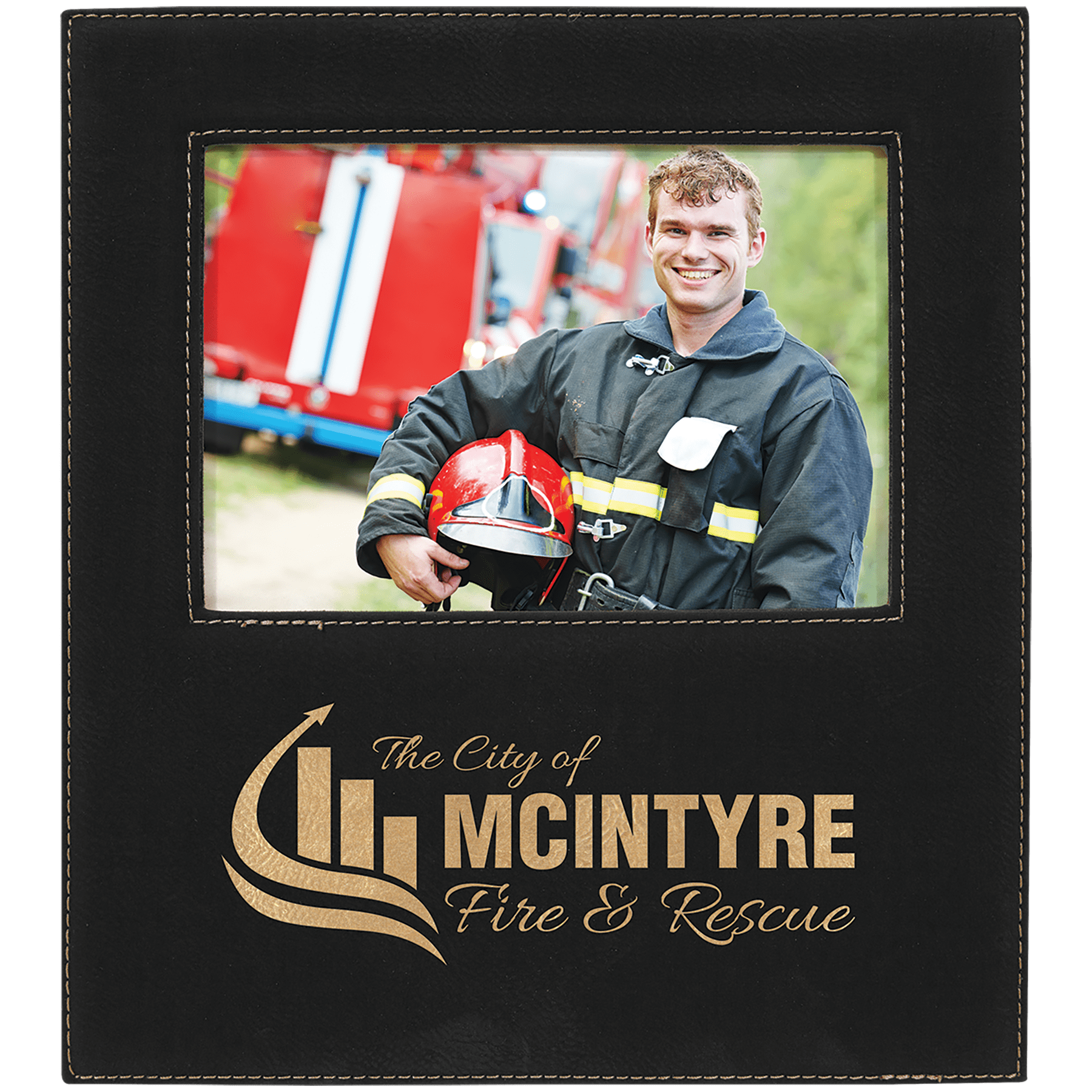 5" x 7" Black/Gold Leatherette Photo Frame with 4 1/4" x 8 7/8"  Engraving Area