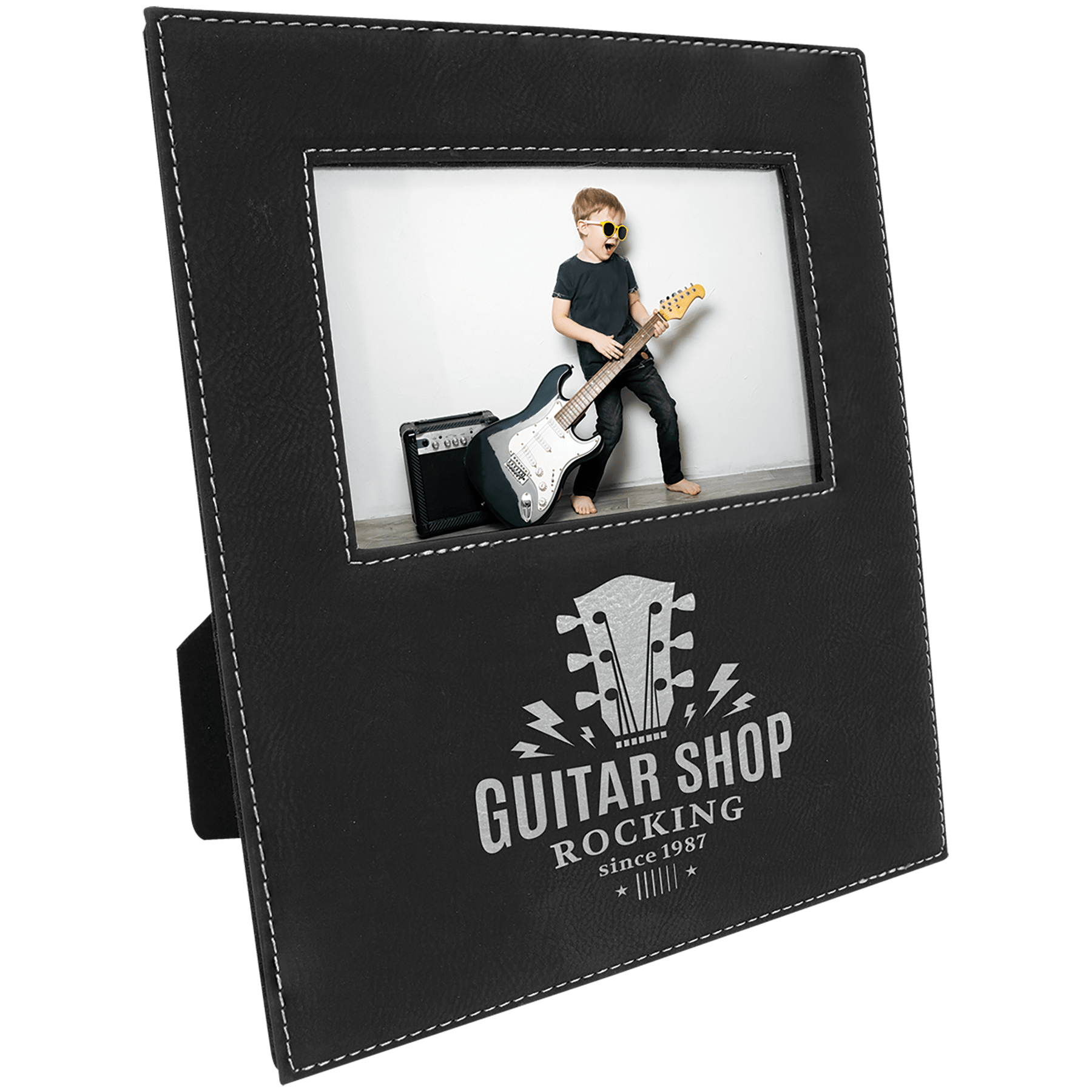 4" x 6" Black/Silver Leatherette Photo Frame with 4 1/4" x 7 7/8" Engraving Area