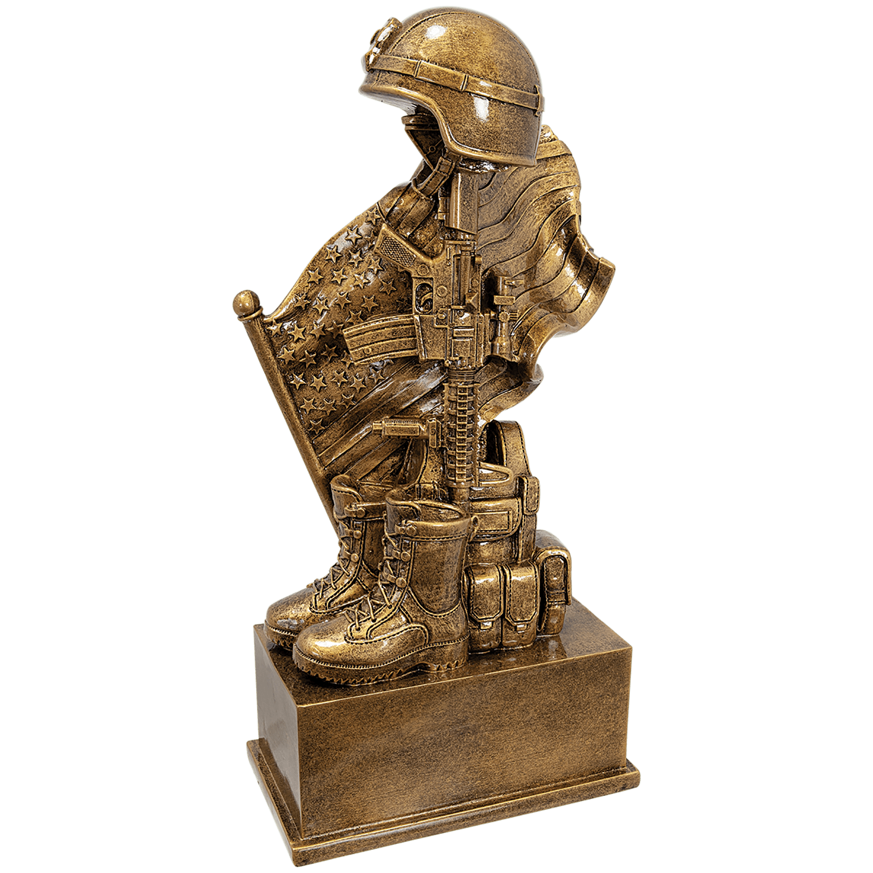 8 3/4" Antique Gold Military Resin Helmet on Rifle with Flag and Boot