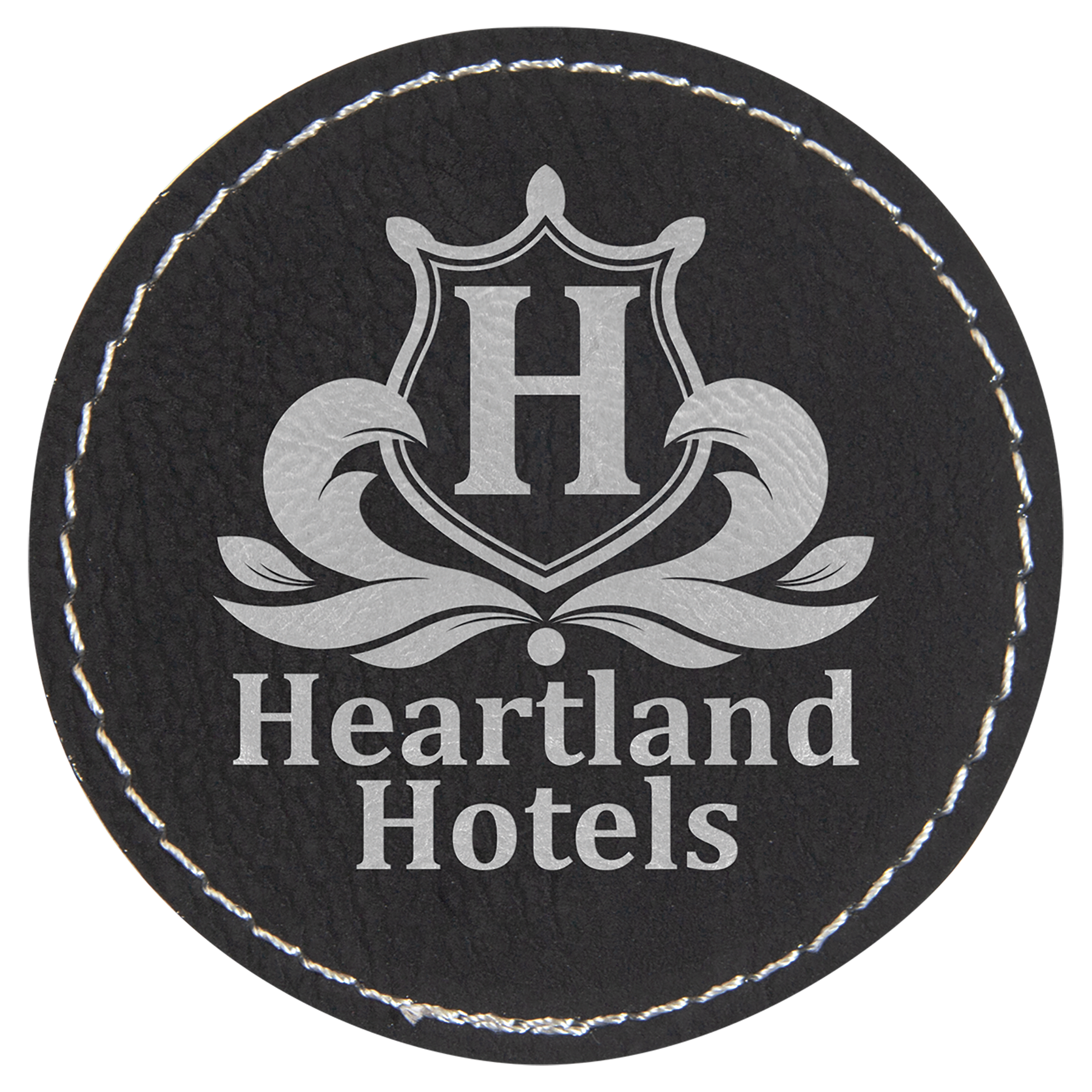 2 1/2" Round Black/Silver Laserable Leatherette Patch with Adhesive