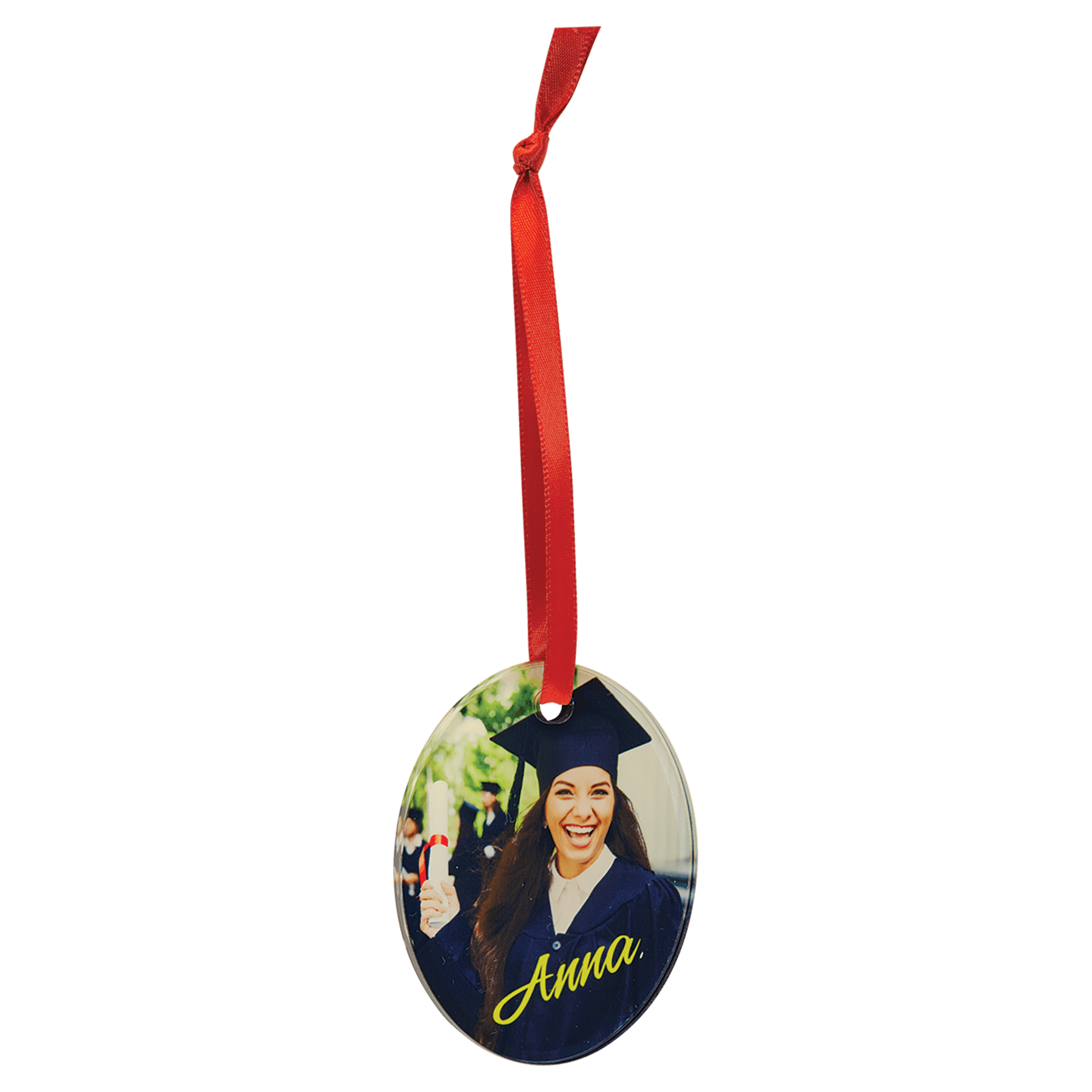 2 1/4" x 3" Oval Sublimatable Acrylic Ornament with Red Ribbon
