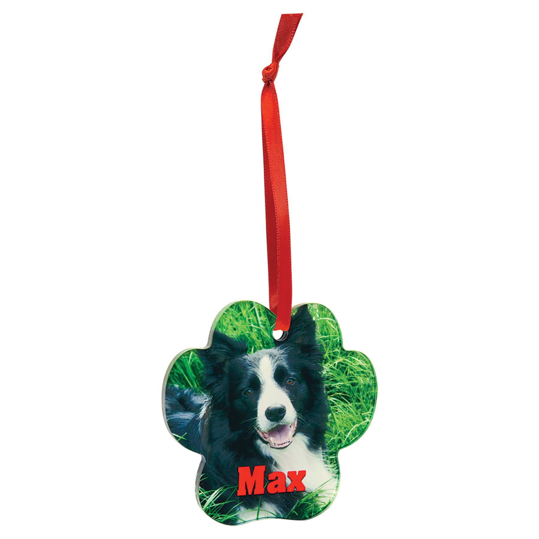 3 3/4" x 3 1/2" Paw Sublimatable Acrylic Ornament with Red Ribbon
