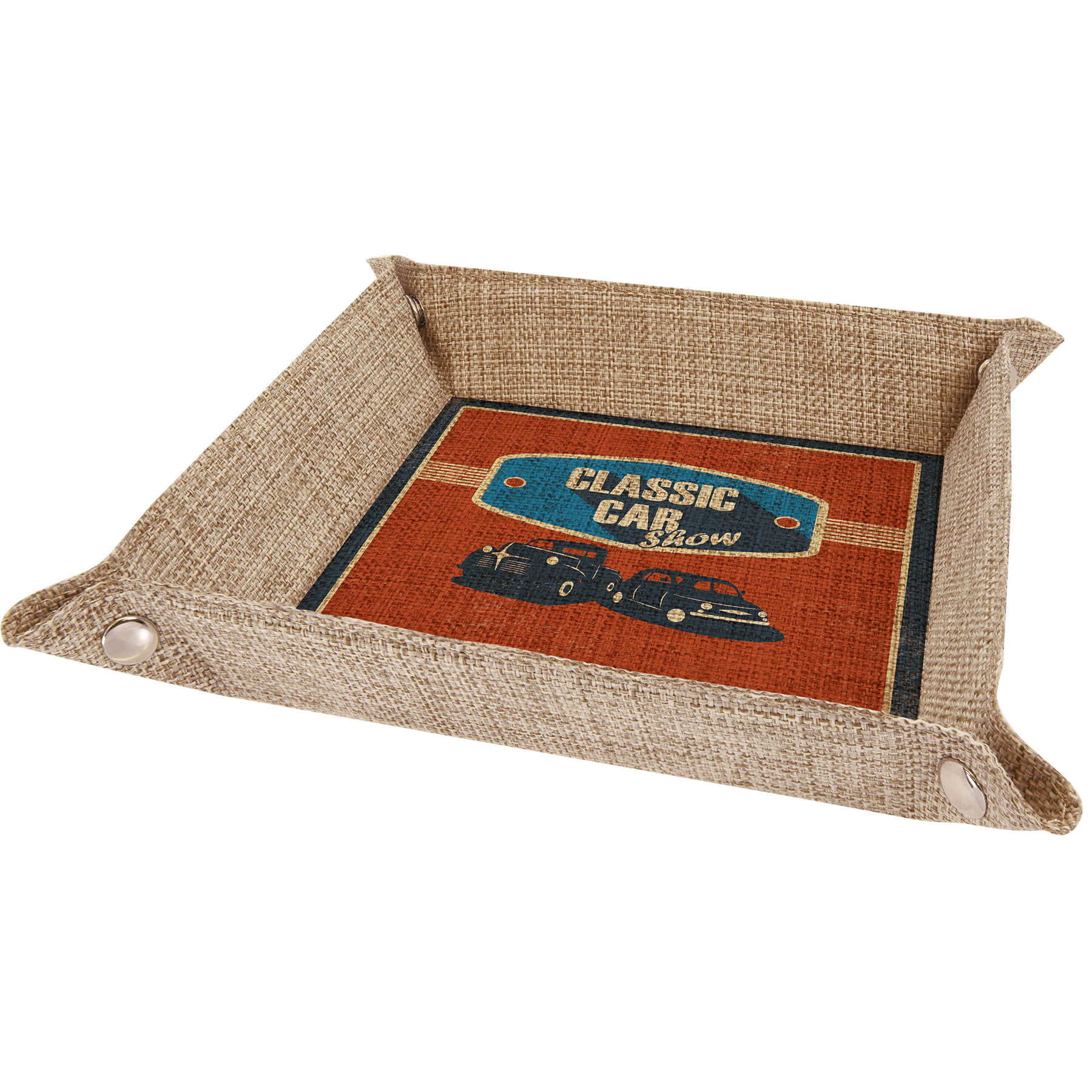 9" x 9" Sublimatable Burlap Snap Up Tray with Silver Snaps